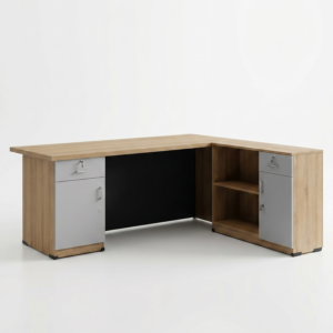 Ergon xlu Citadel premium L-shaped executive desk featuring a warm wood top and matte black structural frame.