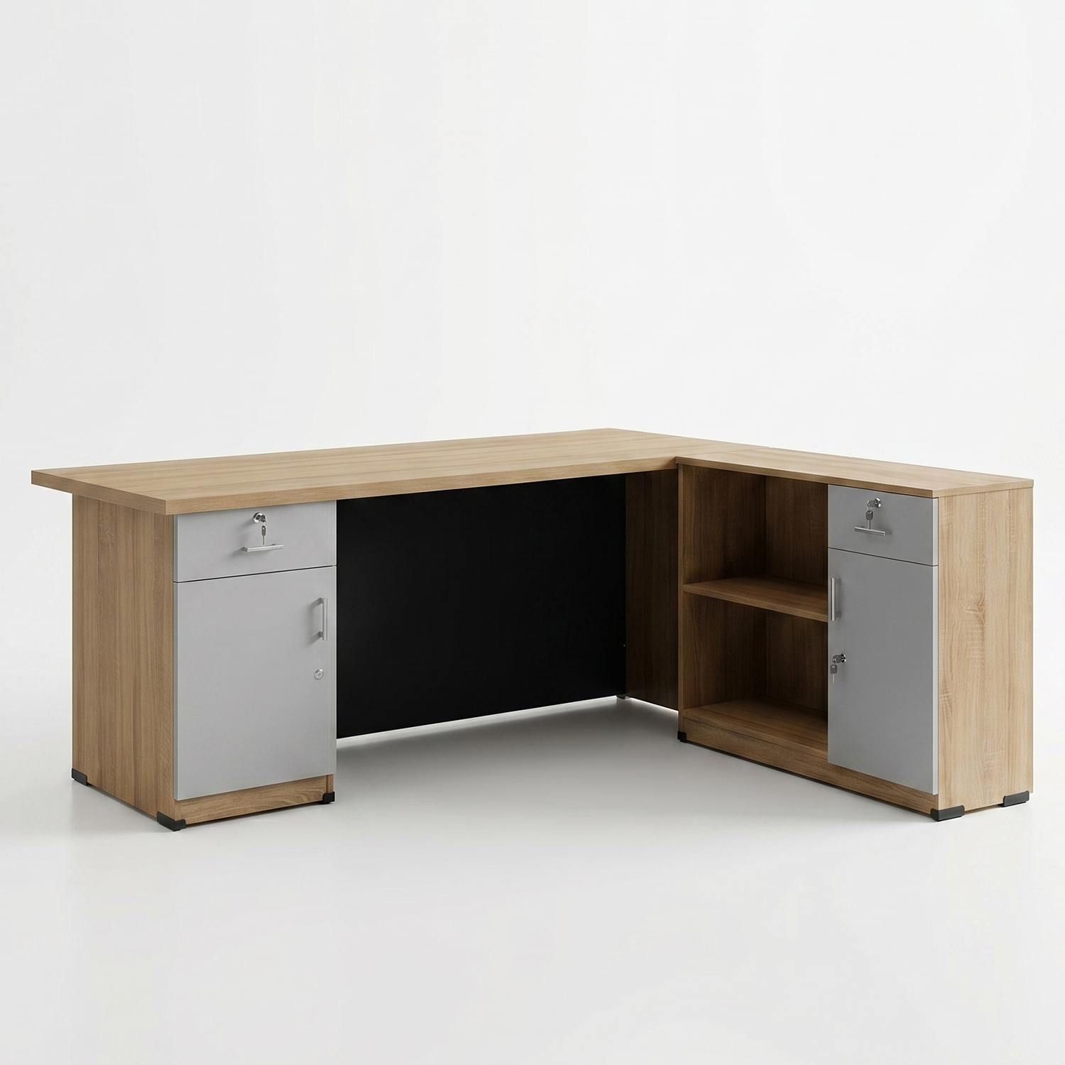 Ergon xlu Citadel premium L-shaped executive desk featuring a warm wood top and matte black structural frame.