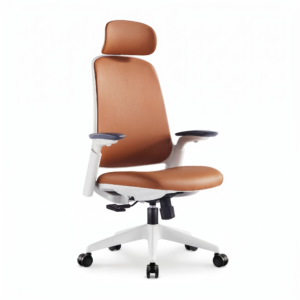 Front angled view of the Ergon xlu Stealth Exoskeleton Performance Chair featuring tan upholstery and a white frame.