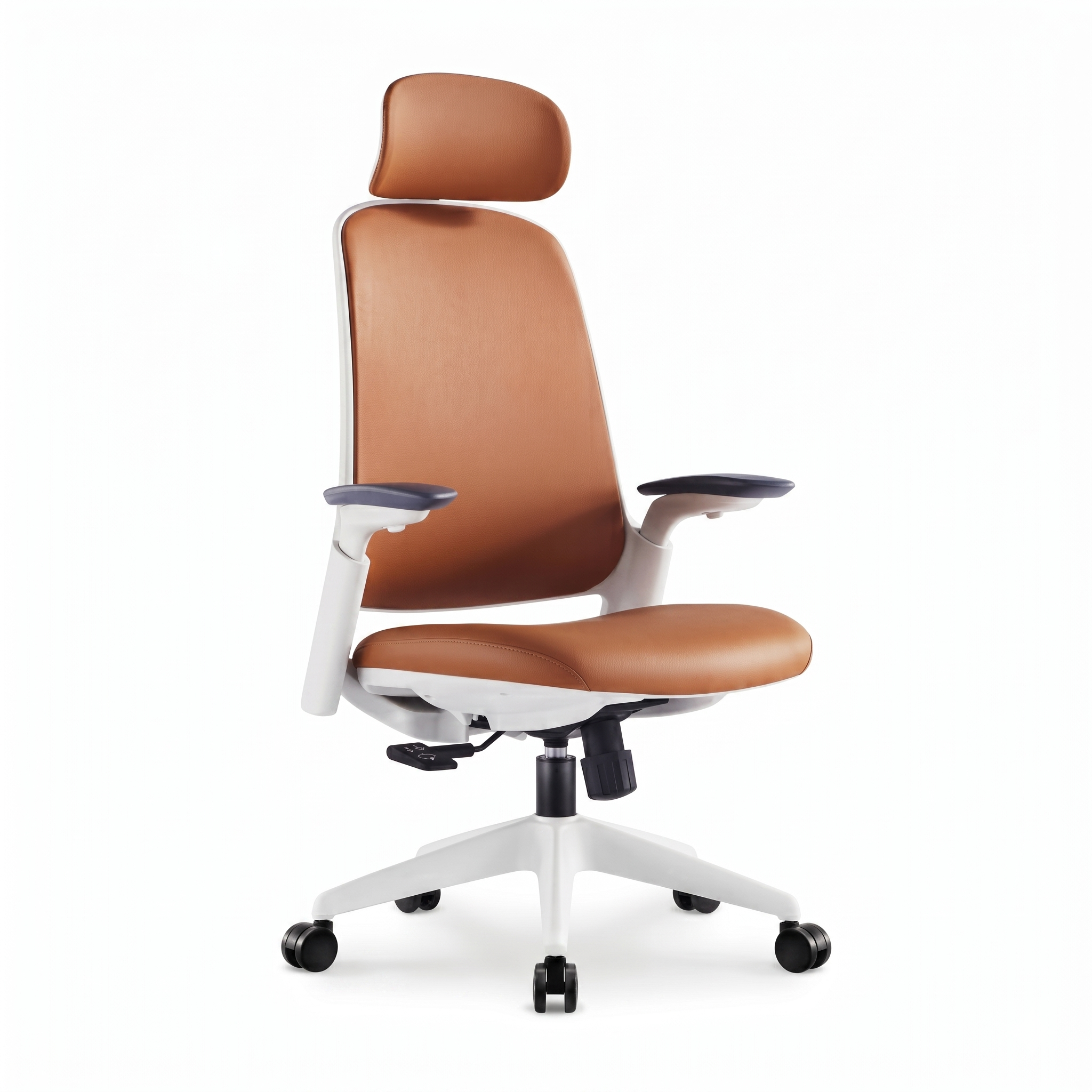 Front angled view of the Ergon xlu Stealth Exoskeleton Performance Chair featuring tan upholstery and a white frame.